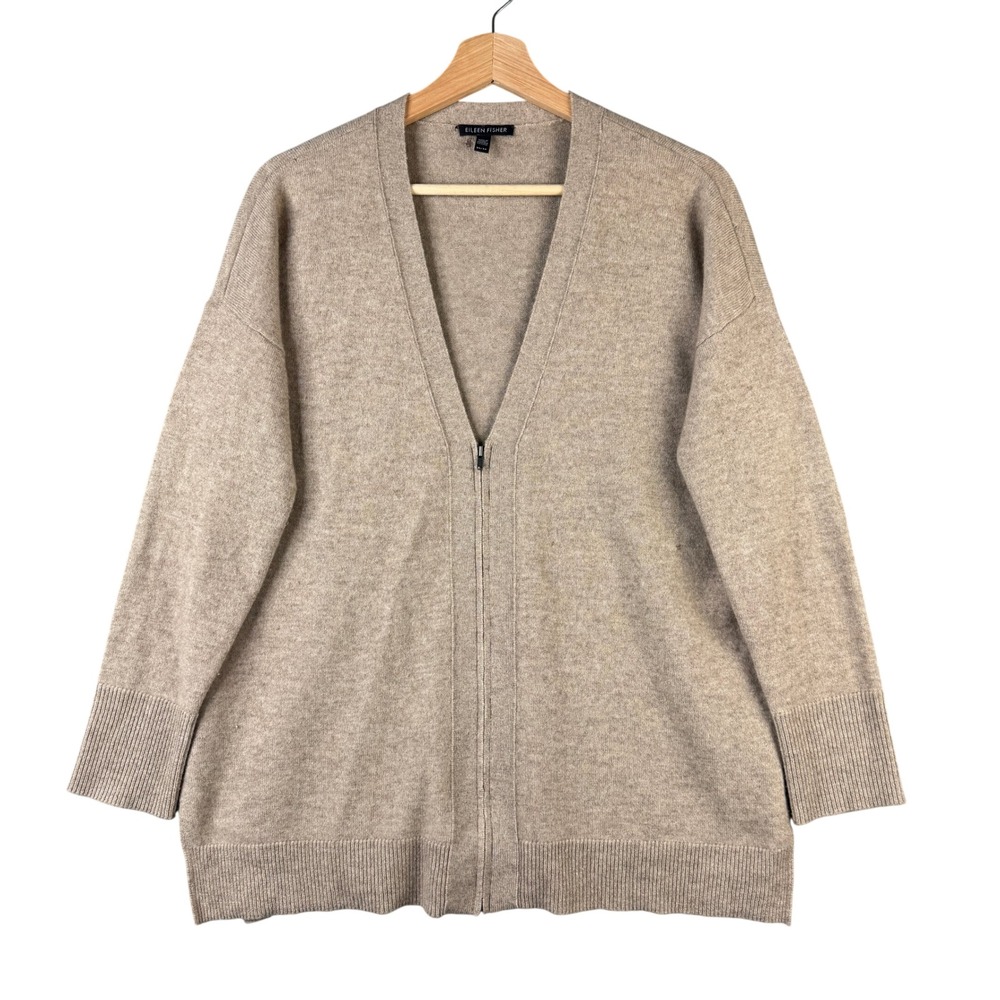Eileen Fisher 100% Cashmere Zip Front Cardigan Sweater Tan XS/TP